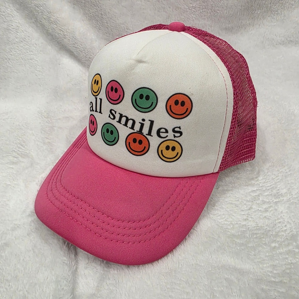 All Smiles Pink Mesh Trucker Hat Snapback Foam Front Colorful Smiley Face Cap